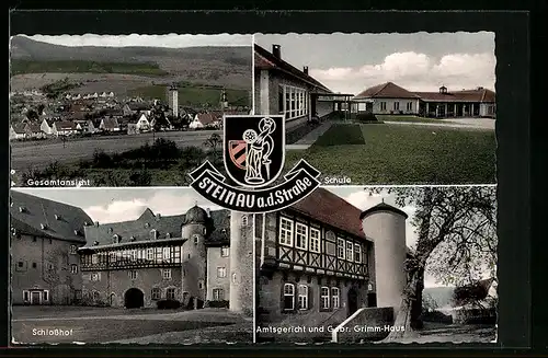 AK Steinau a. d. Strasse, Gesamtansicht, Schlosshof, Schule, Amtsgericht und Gebr. Grimm-Haus