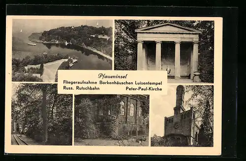 AK Berlin-Wannsee, Pfaueninsel-Fliegeraufnahme Borkenhäuschen Luisentempel, Russ. Rutschbahn, Peter-Paul-Kirche