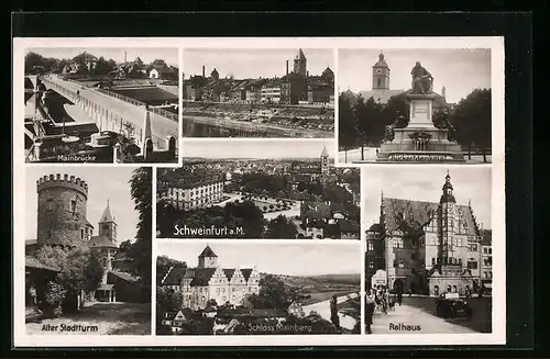 AK Schweinfurt, Ortsansicht, Rückertdenkmal, Mainpartie, Mainbrücke, Alter Stadtturm, Schloss Mainberg, Rathaus