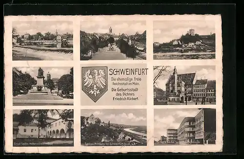 AK Schweinfurt am Main, Peterstirne, Rathaus, Verwaltungsgebäude Fichtel&Sachs, Markt, Schloss Mainberg, Rückert-Denkmal
