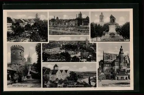 AK Schweinfurt, Ortsansicht, Markt, Mainpartie, Rückertdenkmal, Alter Stadtturm, Schloss Mainberg, Rathaus