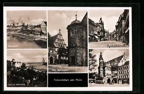 AK Schweinfurt am Main, Altes Gymnasium, Mainpartie, Spitalstrasse früher Strasse, Rathaus, Schloss Mainberg