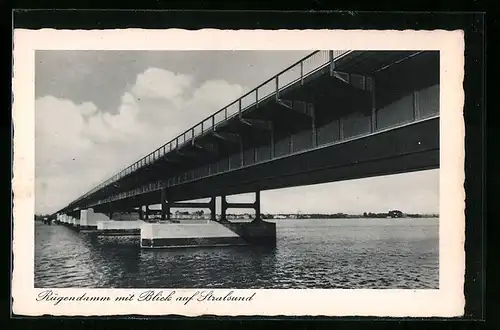 AK Stralsund, Rügendamm mit Blick auf Stralsund