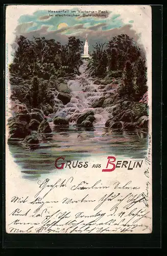 Lithographie Berlin-Kreuzberg, Wasserfall im Victoria-Park bei elektrischer Beleuchtung