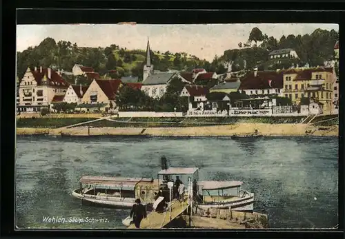 AK Wehlen / Sächs. Schweiz, Teilansicht mit Hotel Elbterrasse vom Wasser aus gesehen