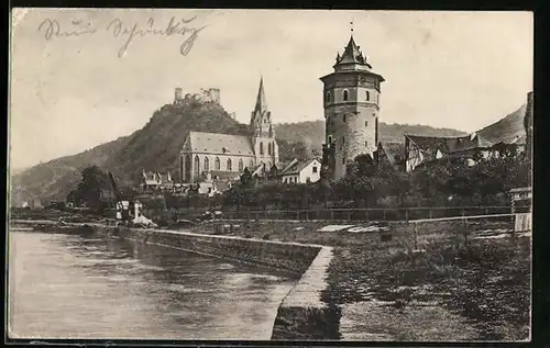 AK Oberwesel, Uferpartie mit Ruine Schönburg