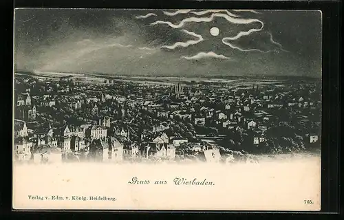 Mondschein-AK Wiesbaden, Gesamtansicht, Luftbild