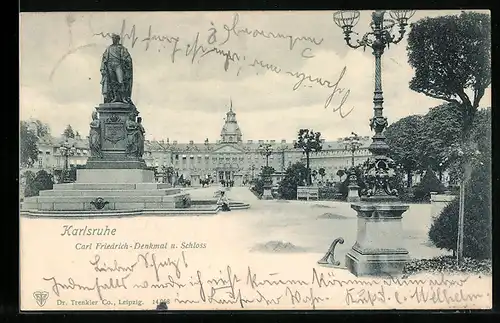 AK Karlsruhe, Carl Friedrich-Denkmal und Schloss