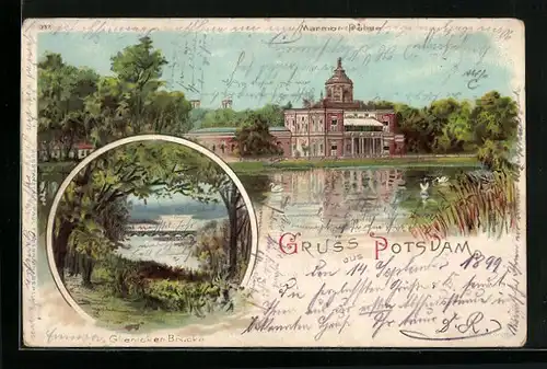 Lithographie Potsdam, Glienicker Brücke und Marmor Palais