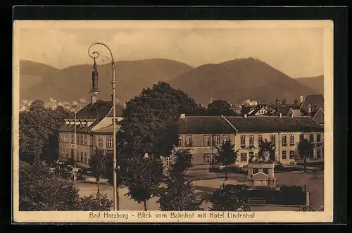 AK Bad Harzburg, Blick vom Bahnhof mit Hotel Lindenhof
