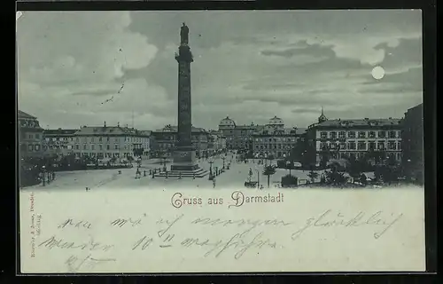 Mondschein-AK Darmstadt, Teilansicht aus der Vogelschau