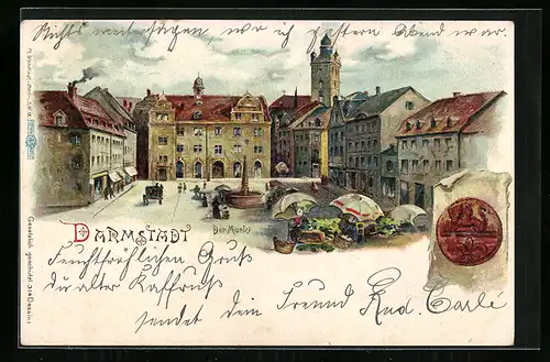 Lithographie Darmstadt, Markt mit Brunnen