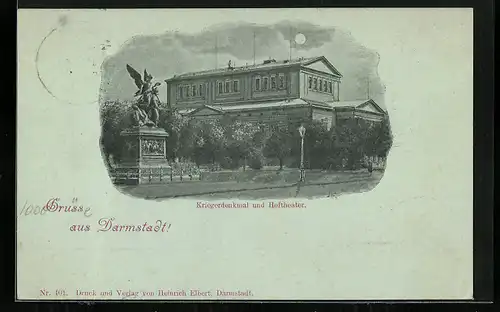 Mondschein-AK Darmstadt, Kriegerdenkmal und Hoftheater