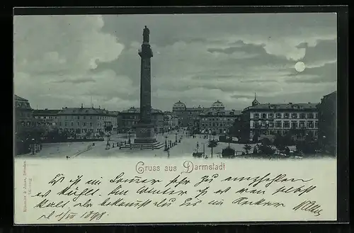 Mondschein-AK Darmstadt, Teilansicht aus der Vogelschau