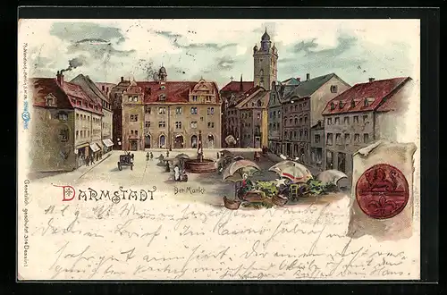 Lithographie Darmstadt, Markt mit Brunnen