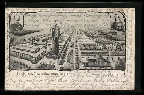 AK Döberitz, Truppen-Übungsplatz, Barackenlager, Portraits Kaiser Wilhelm II. & Kronprinz Wilhelm