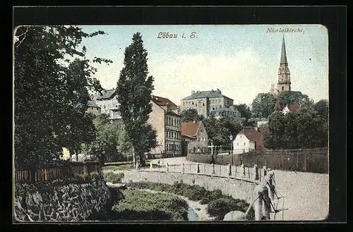 AK Löbau i. S., Nicolaikirche mit Bäumen