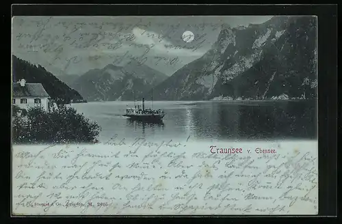 AK Traunsee, Dampfer vom Ebensee aus gesehen