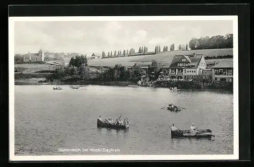 AK Much / Siegkreis, Herrenteich mit Ruderern und Gasthaus