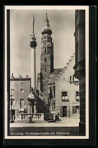 AK Straubing, Gasthaus und Dreifaltigkeitssäule mit Stiftskirche