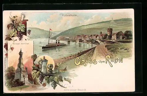 Lithographie Rüdesheim, Dampfer auf dem Rhein, Ortsansicht und National-Denkmal