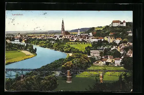 AK Landshut, Ortsansicht und Flusspartie aus der Vogelschau