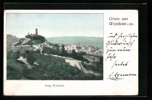AK Weinheim i. Bd., Stadtansicht mit der Burg Windeck im Vordergrund