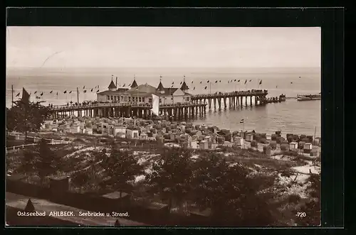 AK Ostseebad Ahlbeck, Blick auf die Seebrücke und den Strand