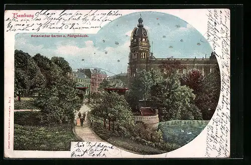 Lithographie Hamburg, Botanischer Garten und Postgebäude