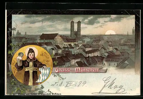 Lithographie München, Stadtansicht mit Frauenkirche, Münchner Kindl