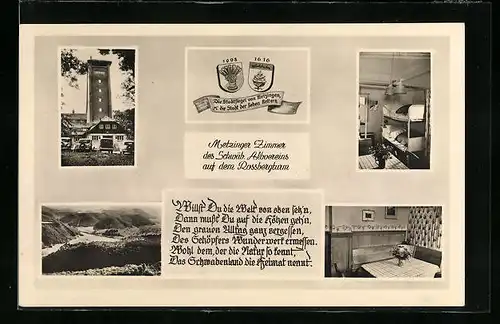 AK Metzingen, Gasthaus des Schwäb. Albvereins auf dem Rossbergturm, Wappen