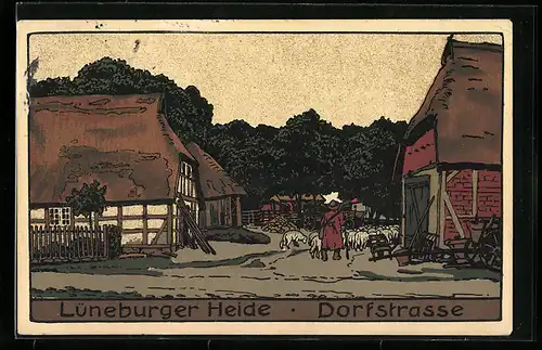 Steindruck-AK Lüneburger Heide, Partie aus der Dorfstrasse