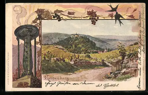 Passepartout-Lithographie Rothenberg, Ortsansicht mit Burg, Säulenschale, Weintrauben