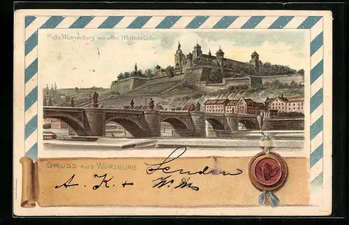 Lithographie Würzburg, Feste Marienberg mit alter Mainbrücke