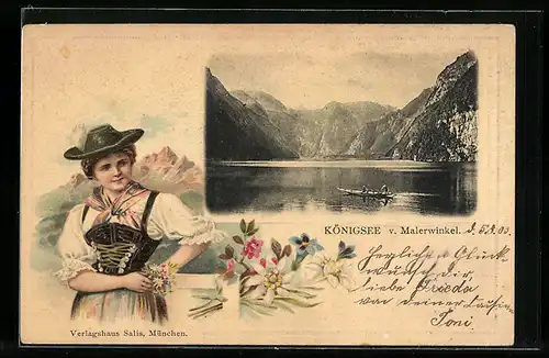 Passepartout-Lithographie Königsee, Blick vom Malerwinkel auf den See, Bayerin in Tracht