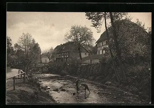 AK Reichenau, Gebäudepartie, Buben stehen im Bach
