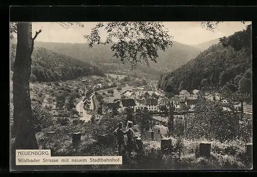 AK Neuenbürg, Wildbader Strasse mit neuem Stadtbahnhof