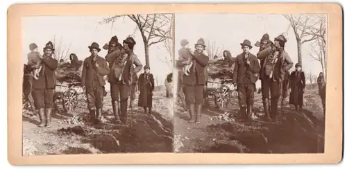 Stereo-Fotografie Otaka Havlik, Strakonicich, Ansicht Strakonice, Kriegsflüchtlinge rasten am Strassenrand