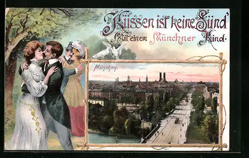 AK München, Panorama, Küssen ist keine Sünd mit einem Münchner Kind