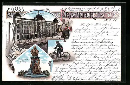 Lithographie Frankfurt, Die neue Post, Kaiser-Büste im Posthof, Briefträger fährt Fahrrad, Posthorn