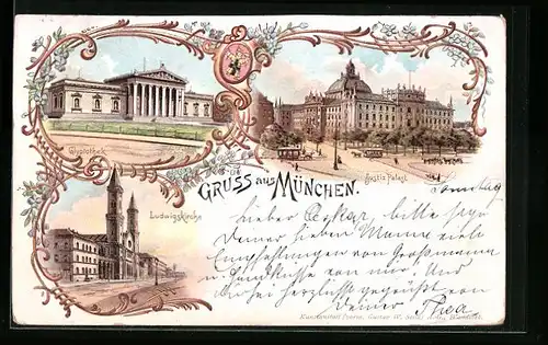 Lithographie München, Justiz-Palast, Glyptothek, Ludwigskirche