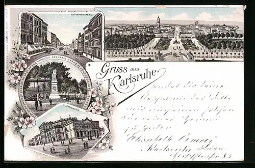 Lithographie Karlsruhe, Kaiserstrasse, Hoftheater, Krieger-Denkmal