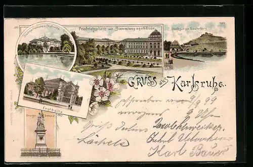 Lithographie Karlsruhe, Friedrichsplatz mit Sammlungsgebäude, Stadtgartensee und Festhalle