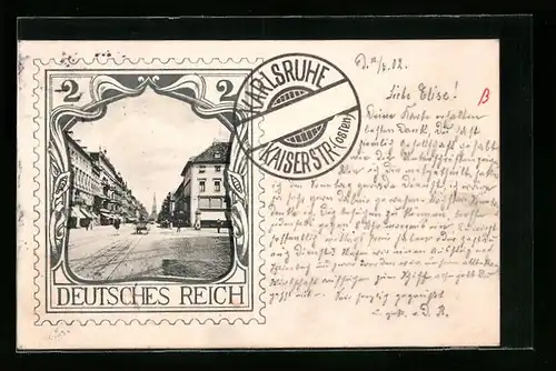 AK Karlsruhe, Blick in die Kaiserstrasse, Briefmarke