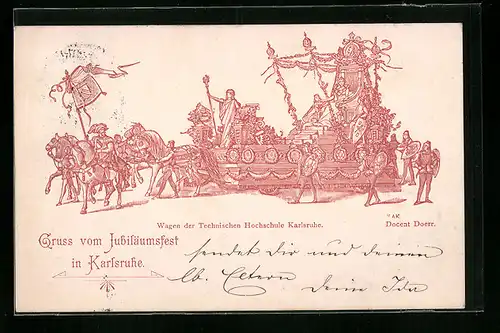 Lithographie Karlsruhe, Jubiläumsfest, Wagen der Technischen Hochschule, Docent Doerr