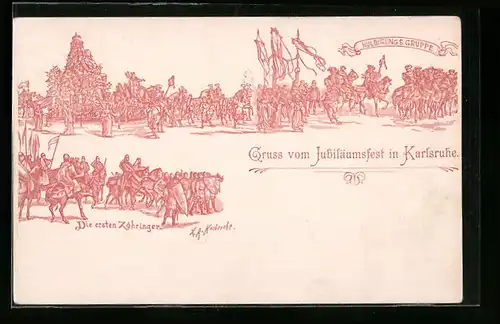 Lithographie Karlsruhe, Festpostkarte zum 70. Geburtstag des Grossherzogs 1896, Die ersten Zähringer
