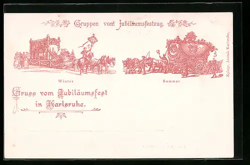 Lithographie Karlsruhe, Jubiläumsfest, Wagen Sommer und Winter im Jubiläumsfestzug