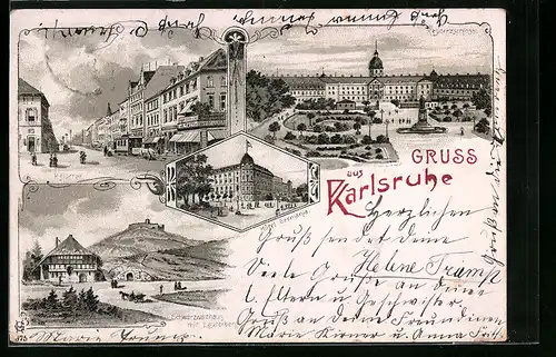 Lithographie Karlsruhe, Kaiserstrasse, Residenzschloss, Hotel Germania, Schwarzwaldhaus