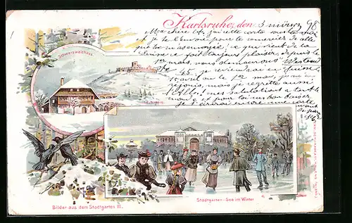 Lithographie Karlsruhe, Schwarzwaldhaus, Stadtgarten-See im Winter, Schlittschuhläufer