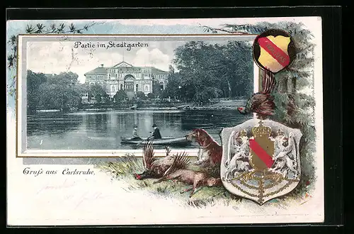 Passepartout-Lithographie Karlsruhe, Partie im Stadtgarten, Wappen